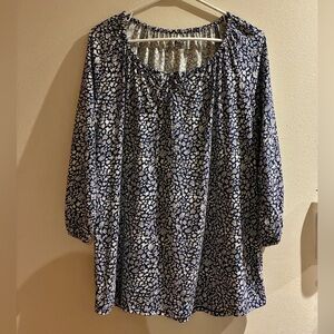 Lands' End Navy and White Floral Blouse